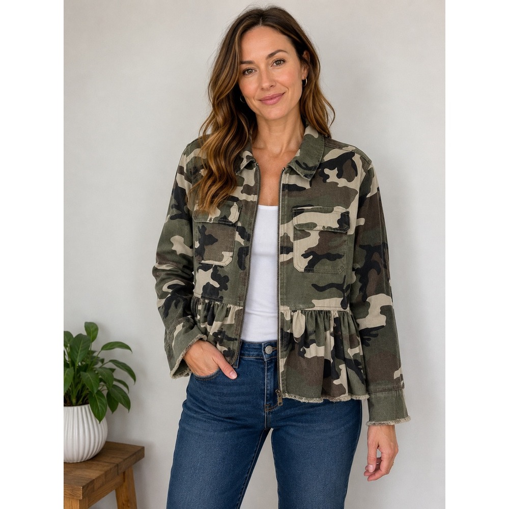 LEA & VIOLA Anthropologie Peplum Jacket Medium Camo Green Utility Ruffle Raw Hem